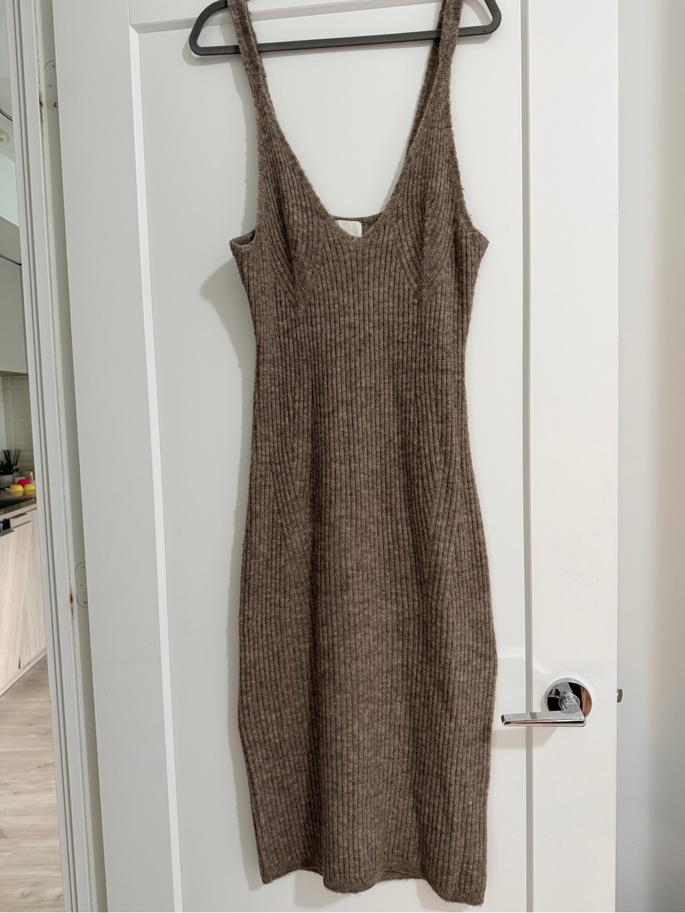 H&M Brown Ribbed Midi Slip Dress with Slim Straps